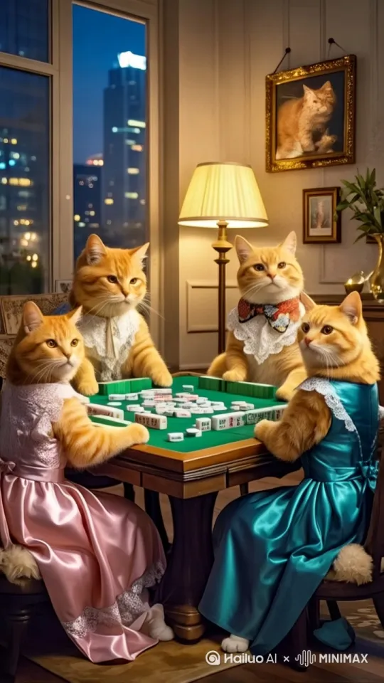 四只拟人化的橘猫在打麻将，自然过渡，自然顺畅。 by Hailuo AI Video Generator