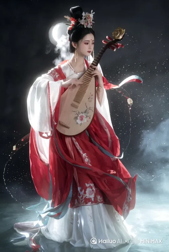 红色真丝长袍在夜风中轻扬，琵琶弦自发泛起金色音波涟漪，星空背景以0.5秒/帧速度缓慢旋转，月光在衣襟刺绣处流动渐变银辉，飘落的梨花花瓣沿螺旋轨迹坠入古筝形水面波纹 by Hailuo AI Video Generator
