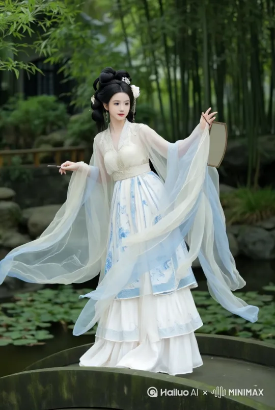 A woman dressed in white and blue dresses stood on the bridge, a girl dressed in Hanfu, white Hanfu, Hanfu, Chinese clothing, traditional blue clothing, gorgeous and elegant long robes, dressed in fantasy formal clothing, elegant long skirts,[右移,左摇,跟随] by Hailuo AI Video Generator
