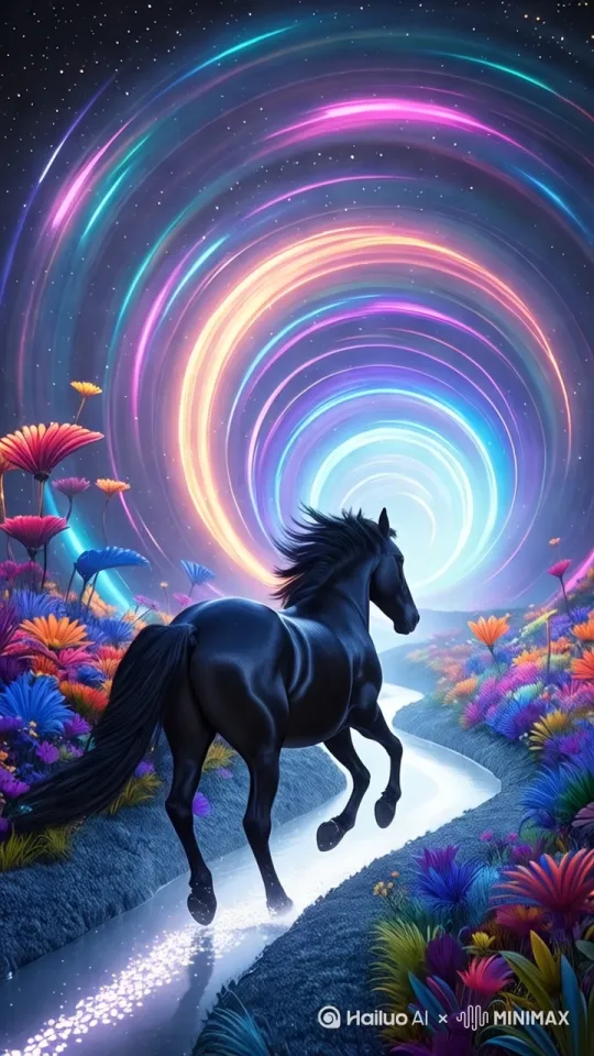 黑色汗血宝马，沿着流淌的小溪飞快的向前奋蹄奔跑，马尾巴飞杨飘舞。时空隧道飞快旋转，花草都稳定不动。高品质，大师杰作，艺术品。航拍视角，大师前推跟随运镜，画面帧帧美丽漂亮。[推进,跟随] by Hailuo AI Video Generator