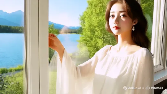 1. 画面与氛围：
"窗边美人，阳光洒落肩头，窗外湖景如画。"
"白衣女子，静立窗前，微风轻拂裙摆。"
"宁静窗边，佳人独立，远山与湖光相伴。"
"阳光轻抚脸庞，窗外绿意盎然，时光静好。"
"窗边倩影，白纱轻扬，自然与美人融为一体。"
2. 镜头与动作：
"镜头缓慢推近，聚焦美女侧颜，眼神清澈宁静。"
"轻触窗台，指尖微动，窗外湖光山色尽收眼底。"
"镜头拉远，展现美人与自然和谐共生的画面。"
"耳畔珍珠耳环闪烁，微风轻扬发丝。"
"裙摆随风轻摆，佳人静立窗前，时光仿佛静止。"
3. 氛围与情感：
"宁静致远，心旷神怡，窗边美人如诗如画。"
"优雅与宁静共存，阳光与微笑温暖人心。"
"自然之美，心灵之静，窗边一刻永恒。"
"阳光洒落，温暖如初，佳人独立，静享时光。"
"瞬间美丽，定格永恒，窗边倩影，令人心醉。" by Hailuo AI Video Generator