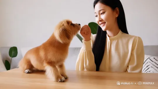 小狗看向女生，亲了女孩的手一下，然后从桌上跳了下来，女生和小狗一起离开 by Hailuo AI Video Generator