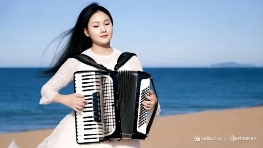 一个美女身穿白色裙子，在海边深情地拉着手风琴，太阳的阳光柔和的打在她身上，优雅而美好，镜头逐渐推进，聚焦于她的裙子上 by Hailuo AI Video Generator