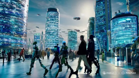 未来科技化城市，机器人与人类一同行走在街道，天上飞船无数 by Hailuo AI Video Generator