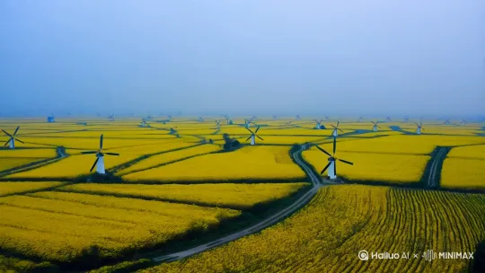 ### **基础场景**  
- 无边无际的油菜花田 / 金色海浪般的花海  
- 蜿蜒的小径穿过花田 / 风车伫立在花丛中  
- 江南水乡的油菜花 + 白墙黛瓦 / 梯田层叠的金黄花毯  

---

### **光影与氛围**  
- 晨雾中朦胧的黄色光晕 / 夕阳为花海镀上琥珀色  
- 月光下的荧光油菜花 / 星尘洒落在花瓣上  
- 丁达尔光束穿透云层 / 薄纱般的雾气漂浮在花间  

---

### **动态与细节**  
- 风吹花浪起伏 / 蜜蜂与蝴蝶穿梭于花蕊  
- 花瓣随风飘向天空 / 萤火虫与油菜花共舞  
- 露珠在花瓣上折射彩虹 / 花田中若隐若现的纸鸢 by Hailuo AI Video Generator