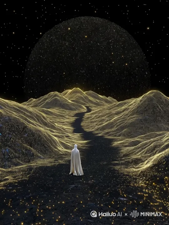 【场景描述】：科幻神秘夜景，人物身着白色长袍沿金色山脉间的路径向前行走，脚下与山体布满闪烁如星的发光粒子，背景是布满繁星的深邃夜空与巨大星球。
【运镜要求】：模拟无人机视角，镜头从人物后方轻轻向前推移，保持平稳运镜，突出前方路径延伸感与闪烁粒子的真实动态效果。
【视觉强化】：增强场景光影层次，星星闪光粒子自然真实，人物行走动作流畅，山体线条与星空质感细腻，整体氛围神秘深邃且富有未来感。 by Hailuo AI Video Generator
