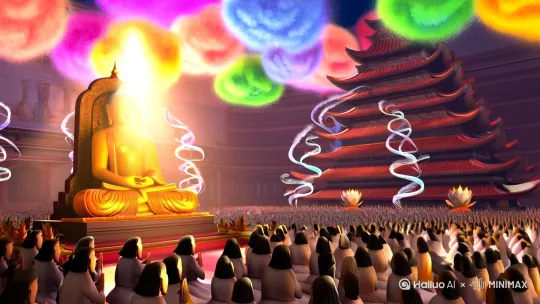 在那灵山胜境，祥瑞之光弥漫，仿佛为世间万物都镀上了一层神圣的金边。五彩的云霞如灵动的飘带，环绕着巍峨耸立的大雄宝殿。宝殿之中，香烟袅袅升腾，虔诚的信徒们双手合十，低声念诵着经文，声音交织在一起，似是一场与天地的对话。
 
而在宝殿的莲花宝座之上，端坐着如来佛祖。他身躯高大伟岸，却又散发着无尽的慈悲与祥和，让人望之便心生敬畏。佛祖身着一袭鲜艳的袈裟，袈裟上的金色丝线在光线的映照下熠熠生辉，每一道纹路都像是在诉说着佛法的奥秘。那袈裟轻柔地垂落在宝座之上，仿佛是一片宁静的海洋，包容着世间的一切苦难。
 
佛祖的面容庄严而又慈祥，双眸微闭，却又似能洞悉世间的一切。他那微抿的嘴唇，似在等待着为有缘人解开心中的困惑。一头卷曲的螺发整齐排列，每一颗螺发都闪烁着智慧的光芒。眉间的白毫，宛如夜空中最亮的星辰，射出耀眼的毫光，照亮了黑暗中的迷途。
 
他的右手轻轻抬起，掌心向外，施无畏印，为众生驱散内心的恐惧；左手自然地放在膝上，结与愿印，满足着众生的善愿。那宽厚的手掌，仿佛蕴含着无尽的力量，既能托起世间的重量，又能给予众生最温暖的抚慰。
 
在佛祖的周身，佛光四溢，这佛光纯净而明亮，没有丝毫的杂质。它如同一股清泉，流淌进信徒们的心田，洗净他们内心的尘埃；又似一团火焰，点燃了人们对美好生活的向往和对佛法的信仰。这佛光不仅照亮了宝殿，更照亮了人们前行的道路，指引着众生走向解脱与觉悟的彼岸。[推出,上升,下摇] by Hailuo AI Video Generator