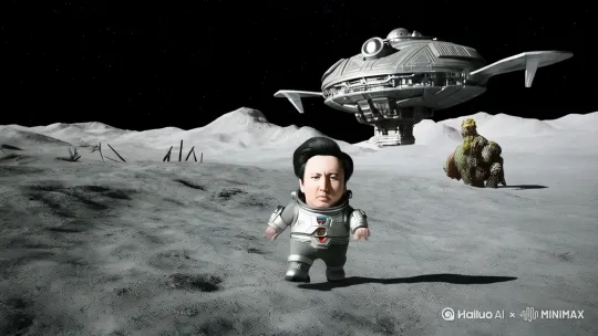 This man is a small dwarf and he walks on the moon surface with the spaceship,aliens and stars in the background. by Hailuo AI Video Generator