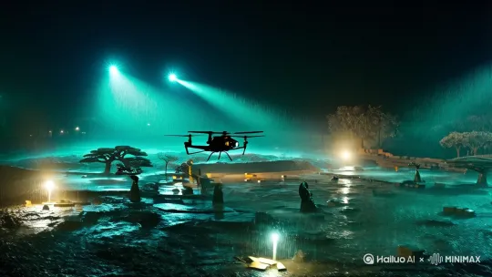 三星堆考古现场暴雨夜，无人机俯瞰视角，探照灯穿透雨幕照亮青铜神树残件，25岁女性考古学家手部特写，青铜纹路与二进制代码浮现金色微光，闪电劈落触发时空扭曲漩涡，cinematic lighting，超广角镜头，青绿色调，神秘感"
[下降,跟随] by Hailuo AI Video Generator