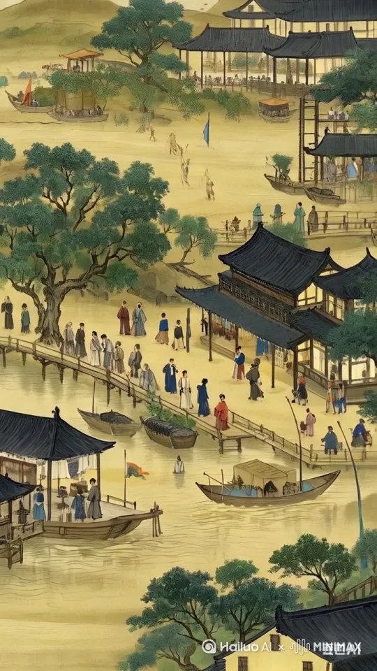 船一直往左快速移，人来来往往，水波粼粼， by Hailuo AI Video Generator