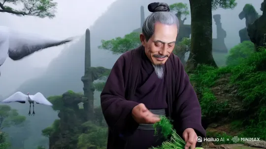 张仲景正在深山采药，两只仙鹤在空中盘旋 by Hailuo AI Video Generator
