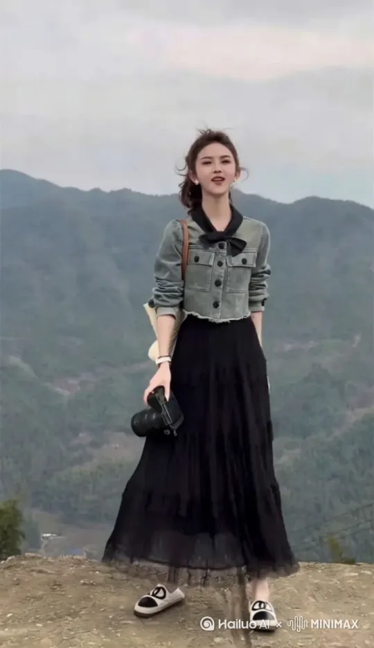 美女看向远处山水微笑高兴的转转着。背景变成绿水青山瀑布 by Hailuo AI Video Generator