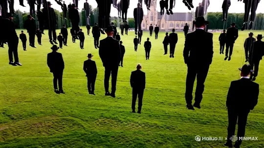 俯视静止镜头，很多西装黑衣男戴着礼帽像雨滴一样分散静止定在空中，场景是一片草原，草原上有一个中等大小的教堂 by Hailuo AI Video Generator