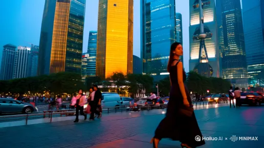 时尚靓丽的美女走在上海街头背后城市三件套背景 by Hailuo AI Video Generator