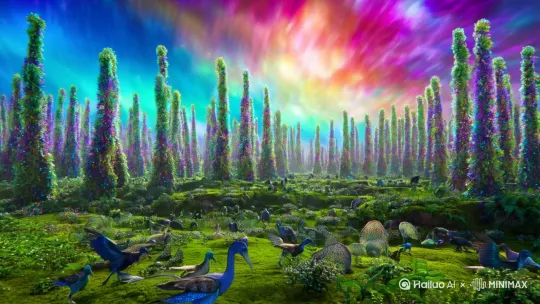 美丽的外星球，景色优美，飞鸟走兽和谐共生。 by Hailuo AI Video Generator