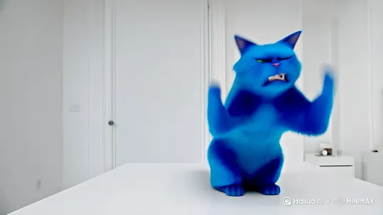 一只蓝色的猫咪很生气的拍桌子，还在咒骂一个人，蓝色的猫咪在白色卧室里，突然房门被打开了，一个穿着黄色球衣的光头黑人进来了（卡通风格） by Hailuo AI Video Generator