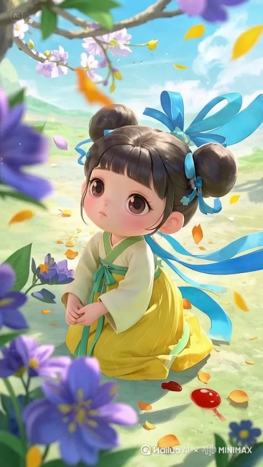 小女孩轻轻捡起落花，站起身，慢慢仰起头，闭上眼睛闻花香，花瓣纷纷落下。镜头跟拍，动作自然，丝滑。 by Hailuo AI Video Generator