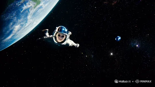 1个男孩，男性焦点，黑眼睛，头盔，星星，天空，漂浮，太空，行星，地球，宇航服，太空头盔，宇航员，航天器，银河系，不明飞行物，电影惊人的对比和阴影，8k，摄影，超细节，超现实，杰作，景深，明亮的颜色，超光感，腐蚀性。生成图片。 by Hailuo AI Video Generator