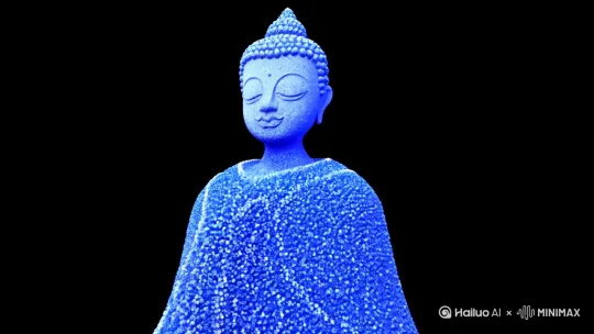 [左移,左摇,下摇]在绝对黑暗的异度空间中，「沙化僧人」以量子态粒子云形态悬浮于虚无。其轮廓由3.2亿枚棱柱形沙粒构成，每粒沙子直径仅0.03毫米，表面镀有氧化钛涂层，在暗能量场中持续释放冷光——青金石蓝的粒子构成袈裟褶皱，钯金灰粒子勾勒面部轮廓，瞳孔处两簇纳米级白金光斑如微型超新星燃烧。所有粒子以洛伦兹混沌轨迹运动，近观似僧袍随风鼓荡，远看则凝聚成禅定剪影，在存在与消散间维持量子叠加态。
 
「丁达尔圣光」从画面正上方劈裂虚空，光柱内悬浮着七层同心圆光膜：最外层是钴蓝色电离层，粒子流如极光扭动；向内依次是翡翠色佛光轮、琥珀色等离子环，至核心处坍缩为绝对白炽的光奇点，其亮度达到10^6尼特，却在32K渲染引擎控制下呈现肉眼可直视的神性光辉。光柱穿透僧人躯体时，沙粒发生康普顿散射效应——青金石粒子折射出克莱因蓝星芒，钯金粒子迸发银白电弧，在僧人轮廓外形成直径三米的电磁星云光环。
 
环绕主体的「风暴粒子矩阵」由1.8×10^12枚六角形暗物质单元构成，每单元内置陀螺仪算法：当虚拟风速达12级时，粒子群演绎出梵高《星月夜》的漩涡纹；风速降至3级则重组为佛经梵文阵列。这些暗粒子表面蚀刻纳米级反光槽，仅反射波长380-450nm的冷光，在黑色背景中如同隐形的幽灵经文，唯有特定角度可见《心经》全文如萤火虫群浮动。
 
「时空褶皱系统」在画面四角制造引力透镜效应：左上角沙粒因时间膨胀呈现慢动作飘散，袈裟下摆粒子以每帧0.7毫米速度剥离；右下角则因空间压缩，沙粒运动速度加快至常态的17倍，形成金色粒子喷流。所有运动轨迹均符合N-S方程流体力学模拟，沙粒碰撞时激发的微型电浆火花，在32K画质下可辨每个火花内部的斐波那契螺旋结构。
 
僧人掌心悬浮着「须弥山微缩模型」，由沙粒自组织生成：山体基底是黑曜石质感的20亿粒子群，峰顶雪冠由钛白粒子以分形算法堆叠，山腰缠绕的云雾实为蒸发中的铱粒子蒸汽。当视角拉近至微米级，可见登山阶梯上行走着纳米青铜佛像，每尊佛像高0.2毫米，却精准雕刻出北魏时期的褒衣博带服饰纹理。
 
「暗黑能量场」在留白区域制造视觉陷阱：看似虚无的黑色背景，实为1.2×10^18枚暗物质粒子构成的动态网格，每颗粒子间距精确控制在0.5纳米。当画面持续凝视超过7秒，网格会触发莫尔条纹效应，投射出《地狱变相图》的残影——青面鬼使的粒子轮廓在视网膜残留0.3秒后，复归绝对黑暗。这种在禅意与魔幻间的临界态，将东方玄学与量子物理的悖论美学推向极致。 by Hailuo AI Video Generator