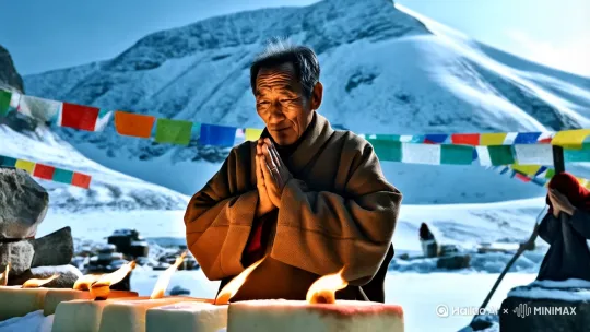 在雪山脚下，一位年长的僧侣双手合十，虔诚地祈祷。他的面前摆放着一排燃烧着的酥油灯，灯火温暖而明亮，照亮了周围的冰雪世界。僧侣的衣着朴素，厚重的外套在寒风中显得有些沉重，但他依然坚定地站在那里，专注于自己的祈祷。背景中，五彩斑斓的经幡在风中飘扬，为这片神圣的土地增添了一份神秘和庄严。远处的雪山巍峨耸立，仿佛在默默守护着这片净土。僧侣的祈祷声与风声、经幡的飘动声交织在一起，构成了一幅宁静而神圣的画面。这一刻，时间仿佛静止，只有信仰的力量在天地间回荡。 by Hailuo AI Video Generator