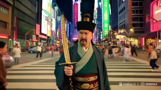 李白站在现代城市的十字路口，拔剑四顾心茫然 by Hailuo AI Video Generator