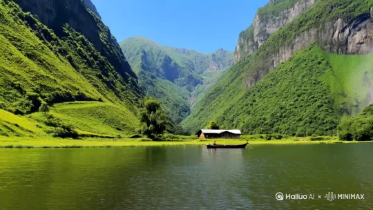 瀑布边，两岸青山相对出，一片孤舟，一个小房子 by Hailuo AI Video Generator