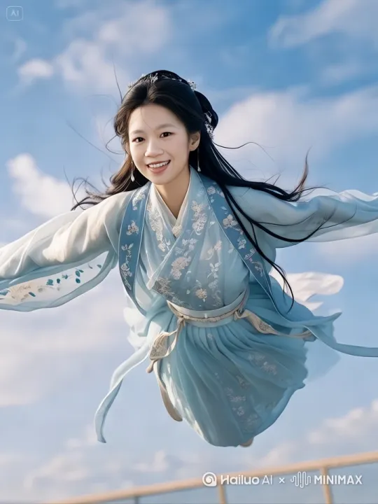 2. 途中美女向前飞行，快速向前飞行，移动的动作优雅好看，镜头随人物移动[跟随] by Hailuo AI Video Generator