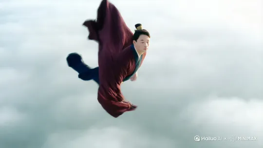无人机视角，背景动态模糊，一个高速移动的画面，画面中央是穿着汉服的男子在高空云层中向前凌空飞行，真实摄影。 by Hailuo AI Video Generator