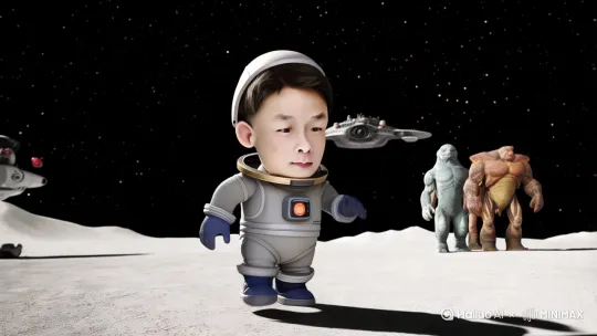 This man is a small dwarf and he walks on the moon surface with the spaceship,aliens and stars in the background. by Hailuo AI Video Generator