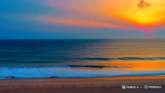 海边：阳光洒在金色的沙滩上，海浪轻轻拍打着岸边，海风轻拂，带来一丝咸咸的气息。
日出/日落：柔和的光线为整个场景增添了一层梦幻的色彩，天空被染成温暖的橙色、粉色和紫色。
自然音效：海浪声、海鸥鸣叫声、风声，营造出一种宁静而祥和的氛围。[右摇,变焦推进] by Hailuo AI Video Generator