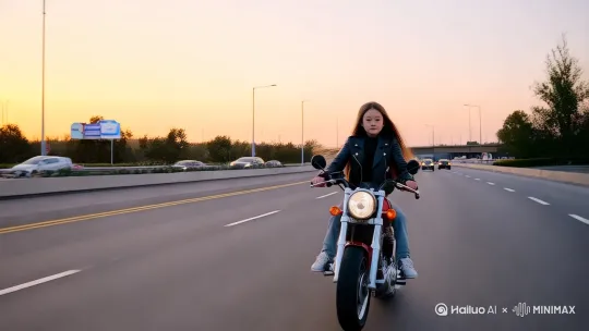 小女孩骑着摩托车，风驰电掣地在公路上骑行，来到商场的停车场，下车走进了超市大门。 by Hailuo AI Video Generator