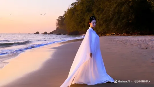 东方女人、海边、漫步、优雅、宁静、梦幻、日出、日落、海浪、沙滩、白色长裙、自然美景、慢动作、广角镜头、特写镜头、柔和光线、背景音乐、海浪声、海鸥鸣叫声、风声、自由、宁静、梦幻。[右移,左摇,跟随] by Hailuo AI Video Generator