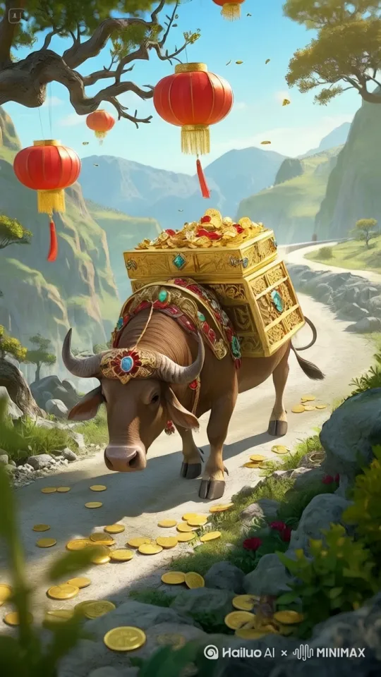 固定镜头，水牛冲向屏幕，金币不停掉落在地面，高速摄影，高清，不模糊，不变形 by Hailuo AI Video Generator