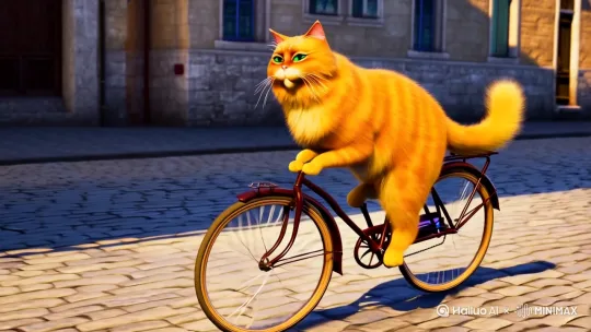 一只大黄猫正在骑着自行车赶路 by Hailuo AI Video Generator
