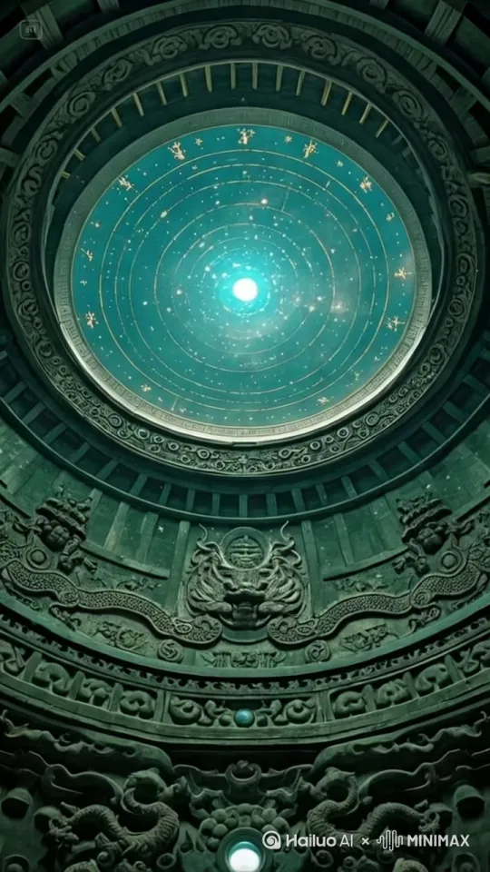 镜头从左环移拍摄，穹顶高悬如倒扣天宇，二十八宿浮雕在幽蓝夜明珠下流转，水银微光在青铜蟠龙鳞片间蜿蜒，构成动态星图。穹顶正中北斗七星直指地宫轴线。[左移,右摇,跟随][左移,右摇,跟随][左移,右摇,跟随][左移,右摇,跟随][左移,右摇,跟随][左移,右摇,跟随][左移,右摇,跟随][左移,右摇,跟随][左移,右摇,跟随][左移,右摇,跟随][左移,右摇,跟随] by Hailuo AI Video Generator
