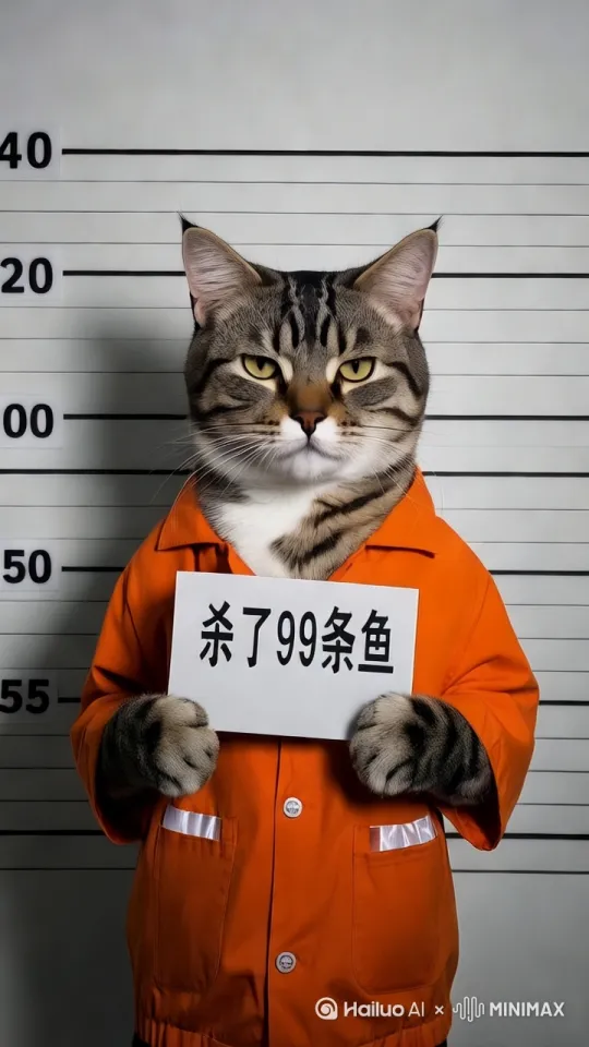 一只拟人化的猫穿着亮橘色连体囚服，站在带有刻度标记的白色身高测量墙前。它手持一块牌子，猫咪表情严肃，眉头微蹙，眼神直视前方，透露出一丝无奈与不解。它的尾巴从身后优雅地伸出，微微卷曲，增添了几分生动感。背景是一面简洁的白色墙壁，仅有的刻度线增加了画面的秩序感。近景特写，平视视角，捕捉到猫咪微妙的情绪变化。[下降,上摇] by Hailuo AI Video Generator