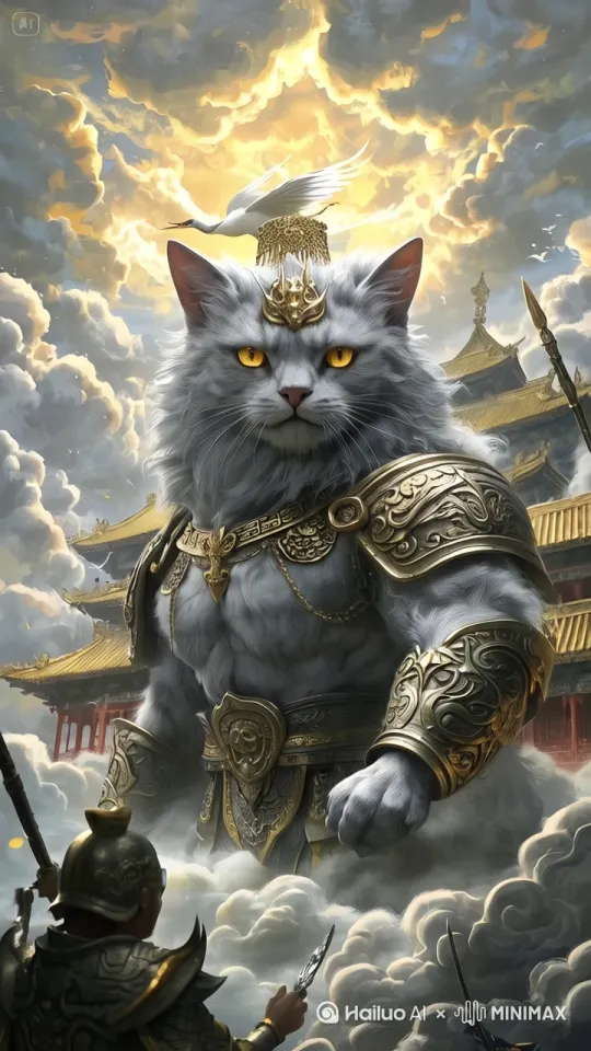 为了使这张图片中的内容动起来，并达到电影级别的震撼效果，我们需要详细设计每一个元素的动态表现。以下是具体的提示词描述：

1. **背景云层**：云层缓缓移动，仿佛被风吹拂，营造出一种神秘而宏大的氛围。云层之间偶尔透出金色的光芒，增强神圣感。

2. **天空中的白鹤**：白鹤优雅地展翅飞翔，翅膀轻轻拍动，尾羽随风飘动。白鹤的动作要流畅自然，仿佛在空中翩翩起舞。

3. **巨型猫**：巨型猫的眼神坚定而威严，头部微微转动，观察四周。它的胡须轻轻颤动，耳朵灵敏地转动，仿佛在聆听周围的声音。身上的铠甲在光线的照射下闪闪发光，随着猫的动作微微晃动。

4. **铠甲**：铠甲上的细节，如雕刻的花纹和链条，在猫的动作中轻微晃动，增加真实感。铠甲的金属质感要表现得淋漓尽致，反射周围的光线。

5. **士兵**：士兵手持武器，身体微微前倾，仿佛准备迎战。他的盔甲和武器在光线下反射出冷光，动作要显得紧张而坚定。

6. **建筑物**：背景中的建筑物在云雾中若隐若现，建筑的屋檐和柱子细节清晰可见，随着云层的移动，建筑物的轮廓也会有所变化，增加深度感。

7. **整体运镜**：镜头缓缓推进，逐渐靠近巨型猫和士兵，同时微微晃动，营造出一种紧张的气氛。镜头还可以适当拉远，展示整个场景的宏伟和壮观。

通过这些动态效果，可以让这幅图像变得更加生动和震撼，仿佛置身于一个奇幻的电影世界中。[下降,上摇] by Hailuo AI Video Generator