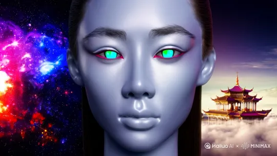 全息数字人凝视镜头，左眼映出元宇宙星群，右眼反射玉林云天宫图。 by Hailuo AI Video Generator