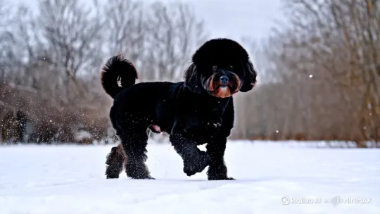 一只全黑色的比熊犬在大雪纷飞的冬天，迈着欢快的步伐迎面向你走来，强健有力的身材，充满了慢慢的活力感和精气神[推进] by Hailuo AI Video Generator