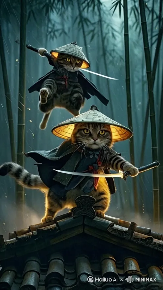 功夫对决，迅猛出招，猫武士跃起，出剑袭来，花猫王。用刀接着，迅速躲过，身手敏捷，刀光剑影，战斗激烈。镜头随着两个猫打斗不停转换 by Hailuo AI Video Generator