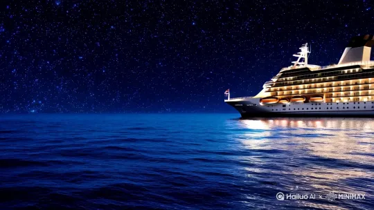 镜头从浩渺夜空下波光粼粼的海面开始，一艘豪华游轮静静地漂浮着。镜头逐渐拉近，游轮的全貌展现出来，甲板上有各种设施和忙碌的人群。然后焦点落在一群人中的美女身上。她站在甲板边缘，海风轻拂着她的绿色丝绸吊带睡裙，裙摆随风飘动。她脚穿金色细跟凉鞋，在月光的映照下凉鞋闪烁微光。随着轻柔的音乐响起，她开始缓缓舞动身体，双臂优雅地摆动。她偶尔闭上眼睛，沉浸在海风之中，接着又睁开双眼，眼神充满魅惑地望向镜头，整个画面充满一种梦幻而迷人的氛围。 by Hailuo AI Video Generator
