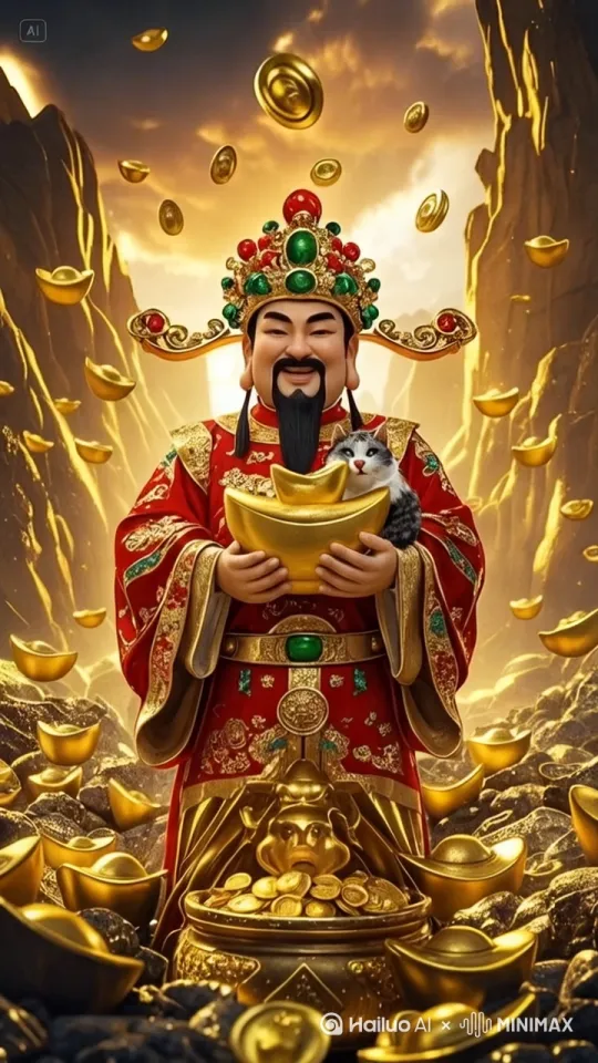 固定镜头,3D渲染超细节动画场景,中国财神动态化呈现:主体财神保留红金服饰、宝石头饰细节,添加自然微幅动作(如衣摆轻动、手部轻微托举动态);金元宝强化飞舞轨迹动态感,金币在推土机、地面间流动闪烁;背景金色岩石地貌搭配动态光线射线、辉光流转特效。加入镜头运镜(如平移、旋转),突出金属质感的动态表现,搭配8K画质、电影级动态光影,增强金币粒子、光线流动的动画特效,生成流畅生动的视频效果。 by Hailuo AI Video Generator