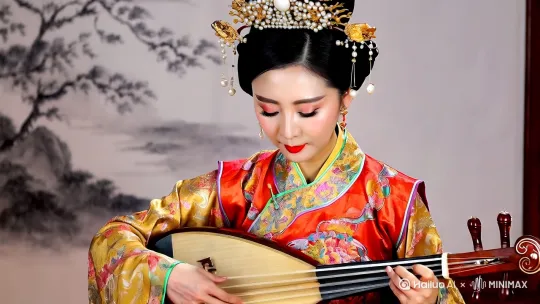 [固定镜头]中国风古典美学视频，一位气质高雅的女子端坐，专注地弹奏着琵琶。她身着华丽的唐装，衣裳绣有繁复图案，色彩斑斓；头戴金丝镶嵌的发冠，珠翠环绕，尽显华贵。女子面容姣好，眉眼含情，红唇微启，仿佛正欲吟唱一曲。她纤纤玉手轻抚琵琶弦，指法娴熟，音符如泉水般流淌。背景以淡雅的水墨画为衬，营造出宁静致远的氛围。光线柔和，巧妙地勾勒出人物与乐器的精致轮廓。固定镜头捕捉这一刻的静谧之美，展现出东方女性独有的温婉与才情。中景，正面角度。 by Hailuo AI Video Generator