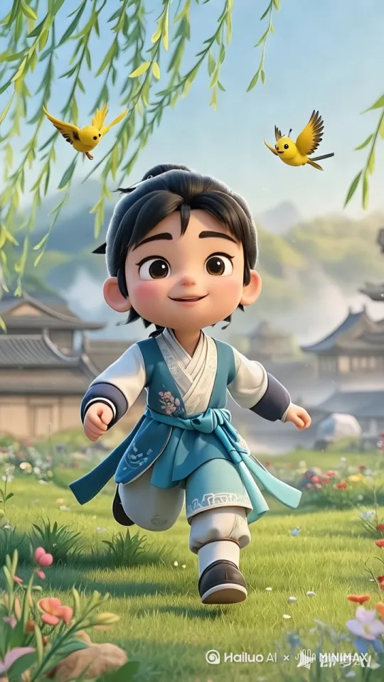 [左移,右摇,拉远]男孩奔跑追小鸟，树叶随风飘荡 by Hailuo AI Video Generator