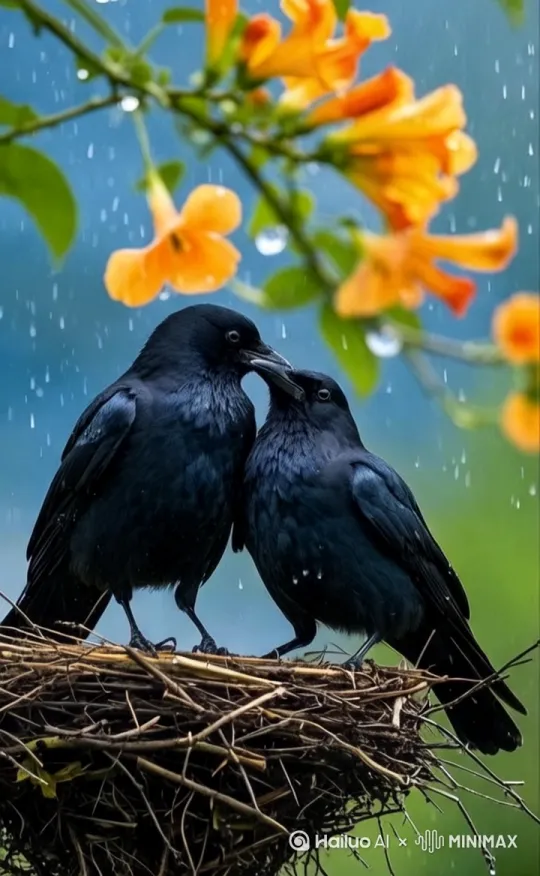 下着雨，两只鸟相互取暖，显示出真实，[左摇,变焦推进] by Hailuo AI Video Generator