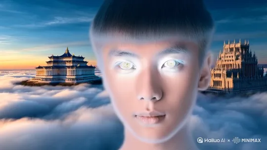 全息数字人凝视镜头，右眼反射玉林云天宫图，云天宫全景图像。 by Hailuo AI Video Generator