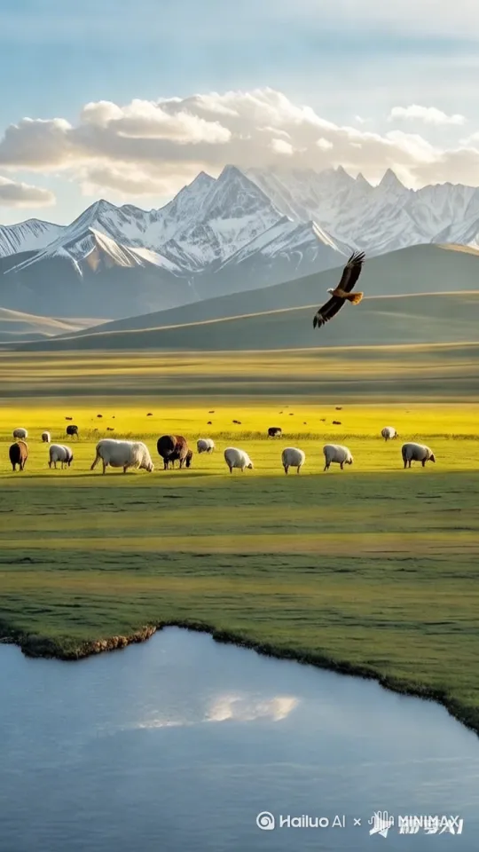 航拍视角，风景美丽，人间仙境，唯美，真实，画质高清，牛羊奔跑，雄鹰高飞 by Hailuo AI Video Generator