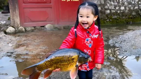 一个小女孩，扎着两个小辩，穿着一件红色花棉袄，棉袄上写着汉字“咱屯子”，开心的大笑，蹦蹦跳跳，两手拖着一条胖头鱼，鱼在不停的摆动，背景是一个红色的大门，大门写着汉子“白菊路”， by Hailuo AI Video Generator