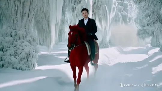 在一个冰天雪地的树林小道上，男主骑着红色的汗血宝马在雪地里驰骋，远方海市蜃楼若隐若现 by Hailuo AI Video Generator