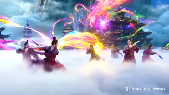 古风仙侠打斗：上界神仙，仙侠古风，仙气缭绕的云端战场，华丽的法术特效，神兵利器光芒闪耀，飘逸的古装，凌厉的剑术，飘逸的彩带，背景是缥缈仙山、古老仙殿 ，面部表情坚毅，眼神专注 by Hailuo AI Video Generator